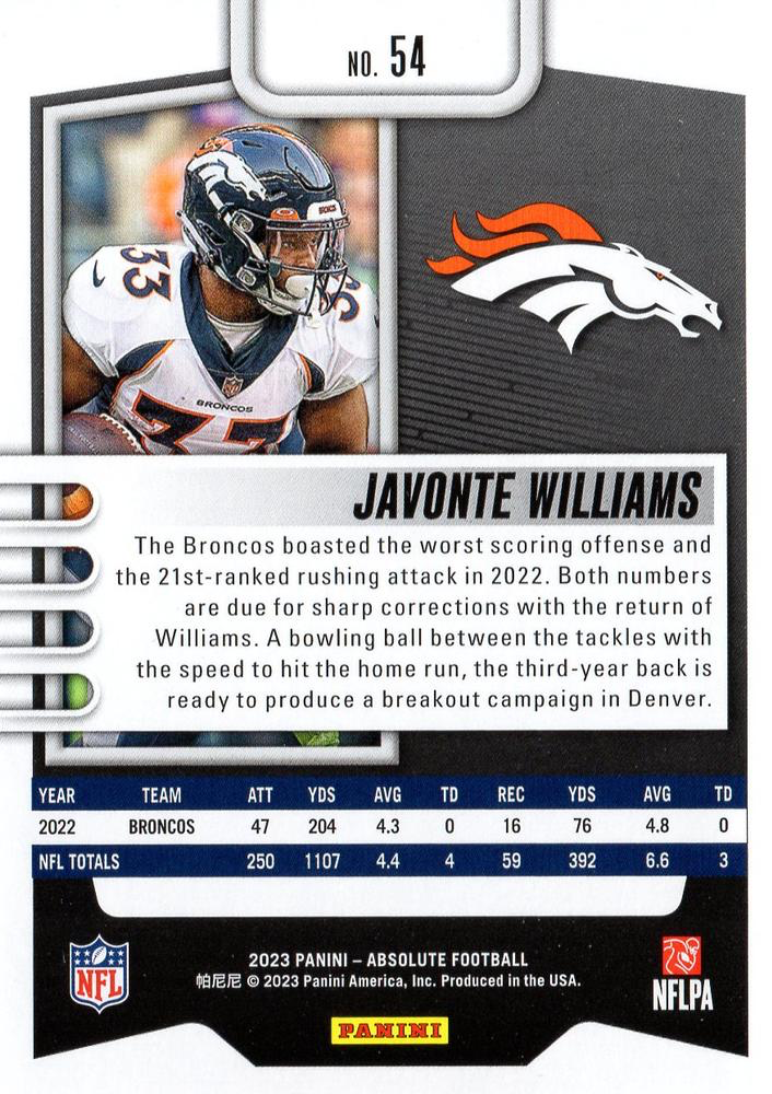 2023 Panini Absolute Javonte Williams #54 Denver Broncos