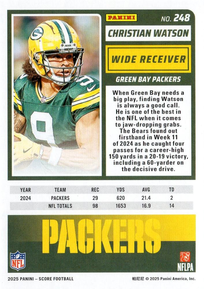 2025 Panini Score Christian Watson #248 Green Bay Packers