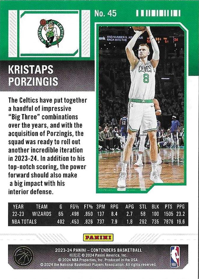 2023 Panini Contenders Kristaps Porzingis #45 Boston Celtics