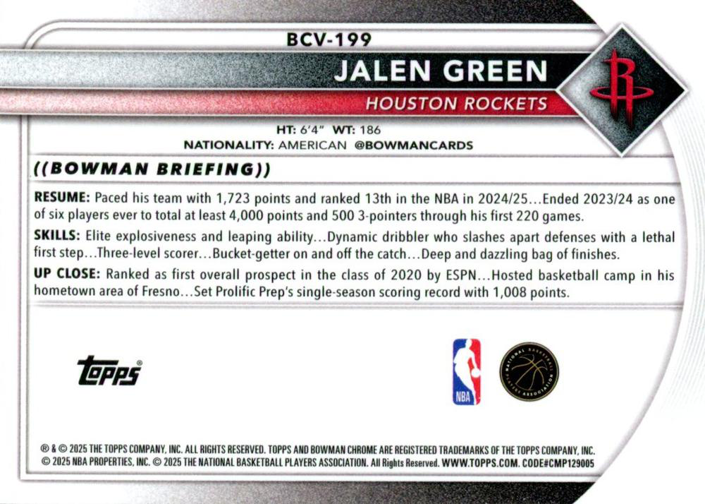 2025 Topps Bowman Chrome Mojo Jalen Green #BCV-199 Houston Rockets