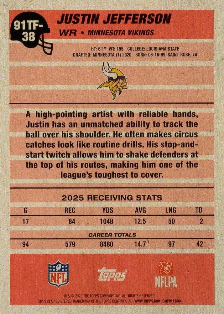 2026 Topps Flagship 1991 35th Justin Jefferson #91TF-38 Minnesota Vikings
