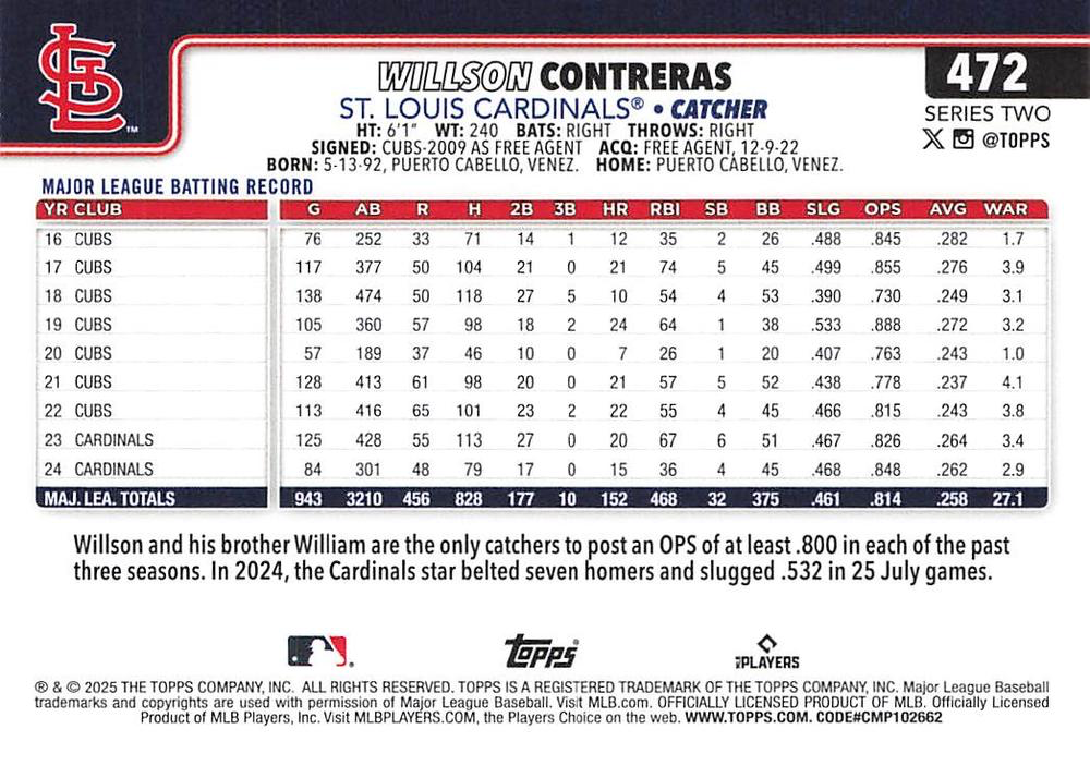 2025 Topps Series 2 Willson Contreras #472 St. Louis Cardinals