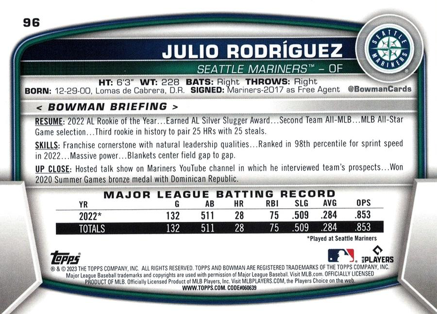 2023 Topps Bowman Julio Rodriguez Seattle Mariners #96