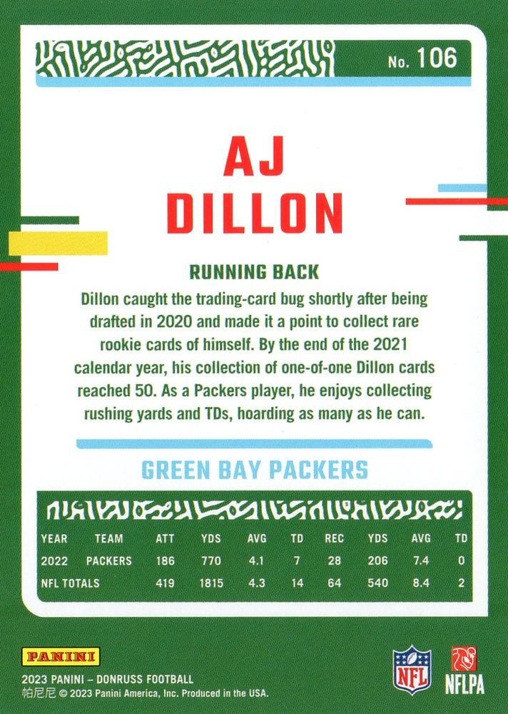 2023 Panini Donruss AJ Dillon #106 Green Bay Packers