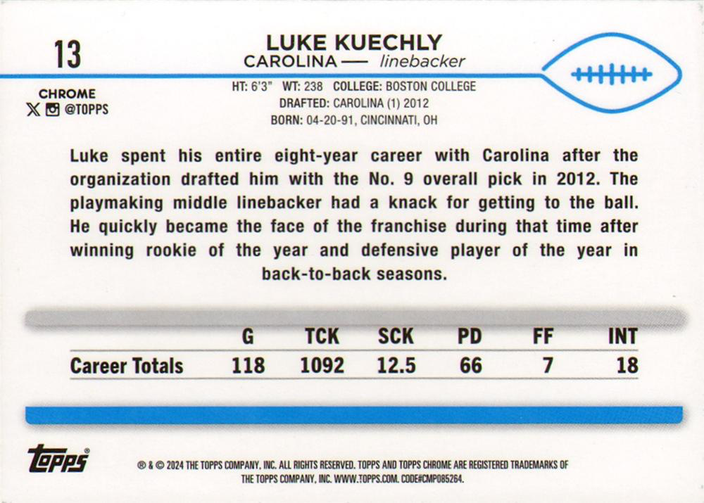 2024 Topps Chrome Football Luke Kuechly #13 Carolina Panthers