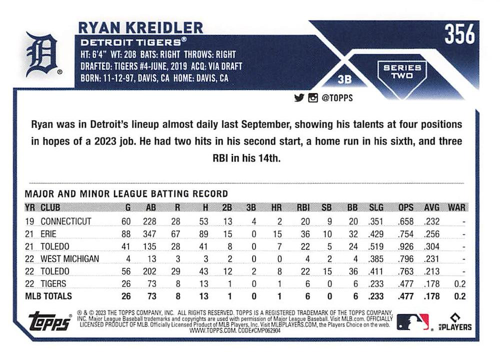 2023 Topps Series 2 Ryan Kreidler RC Detroit Tigers #356