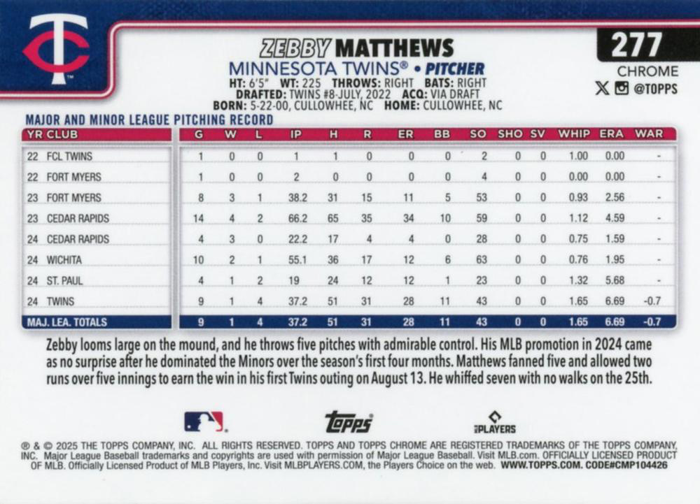 2025 Topps Chrome MLB Zebby Matthews RC #277 Minnesota Twins