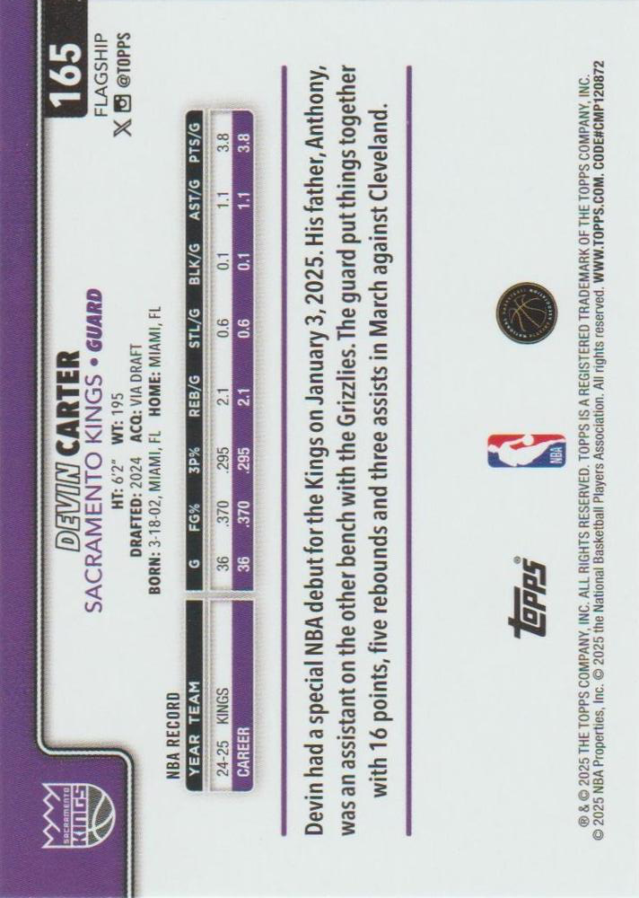 2025 Topps NBA Devin Carter #165 Sacramento Kings