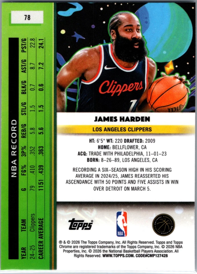 2025 Topps Chrome Cosmic James Harden #78 Los Angeles Clippers