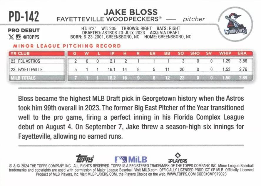 2024 Topps Pro Debut Jake Bloss #PD-142 Fayetteville Woodpeckers