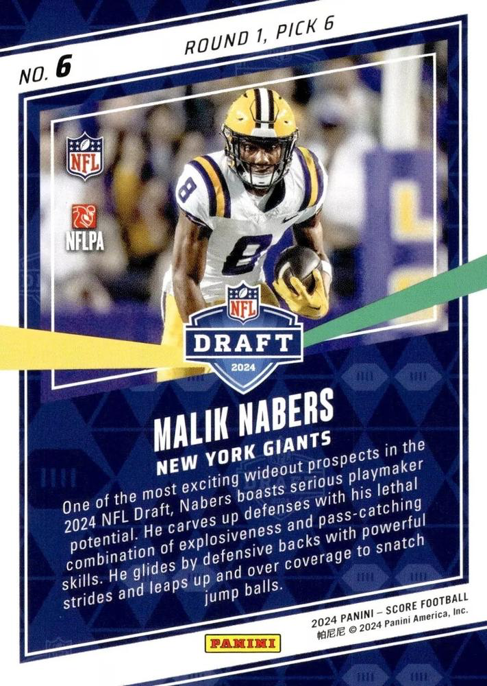 2024 Panini Score Football NFL Draft Malik Nabers New York Giants #6 RC