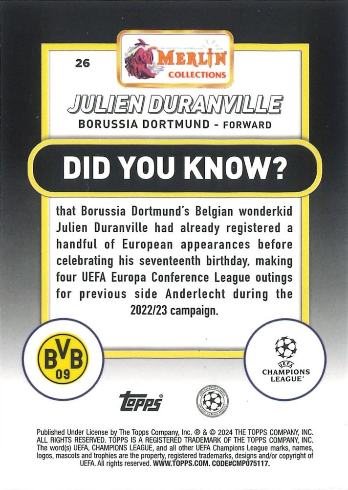 2023 Topps Merlin Chrome UCC Julien Duranville RC #26 Borussia Dortmund