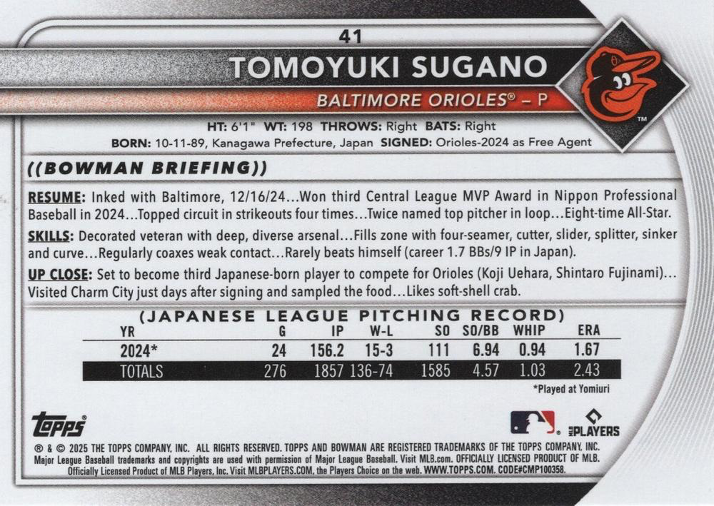 2025 Topps Bowman Tomoyuki Sugano RC Baltimore Orioles #41