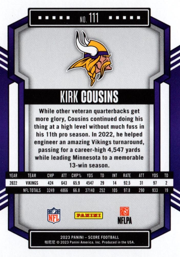 2023 Panini Score Football Kirk Cousins Minnesota Vikings #111