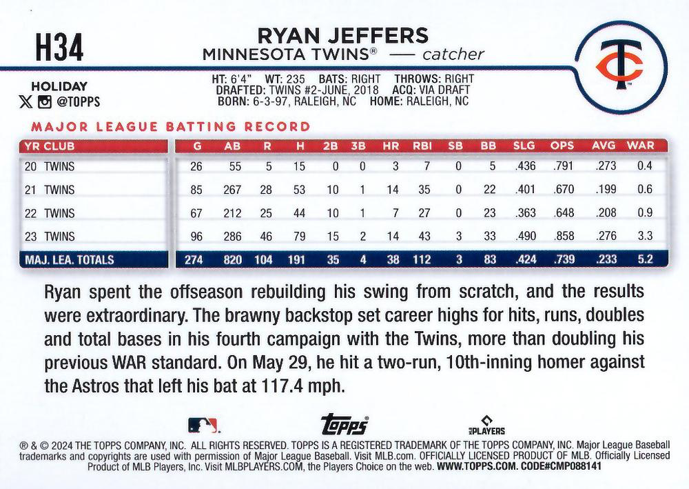 2024 Topps Holiday Silver Glitter Ryan Jeffers Minnesota Twins #H34