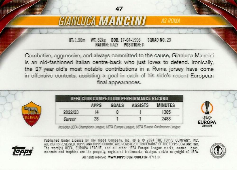 2023 Topps Chrome UEFA Club Competitions Gianluca Mancini #47 Roma