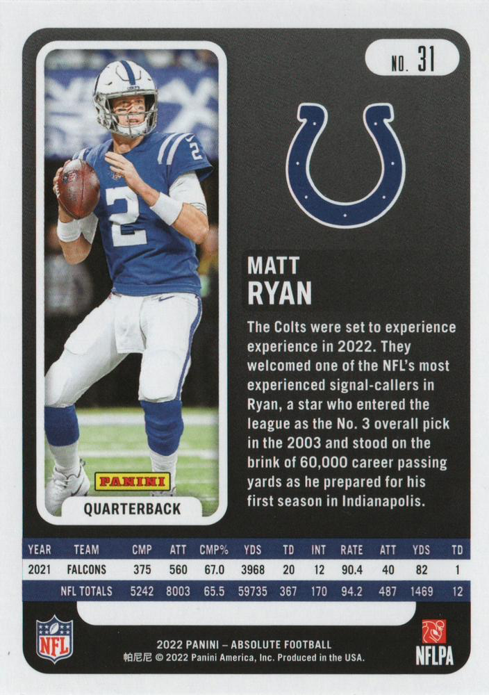 2022 Panini Absolute Matt Ryan #31 Indianapolis Colts