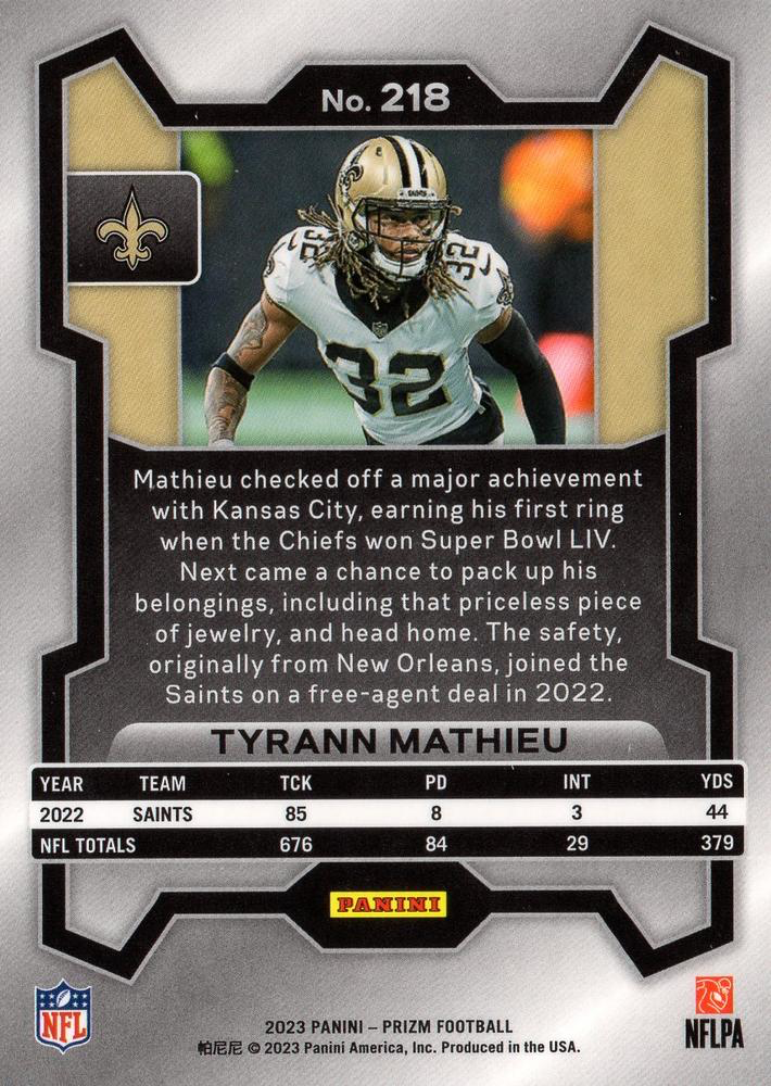 2023 Panini Prizm Tyrann Mathieu New Orleans Saints #218