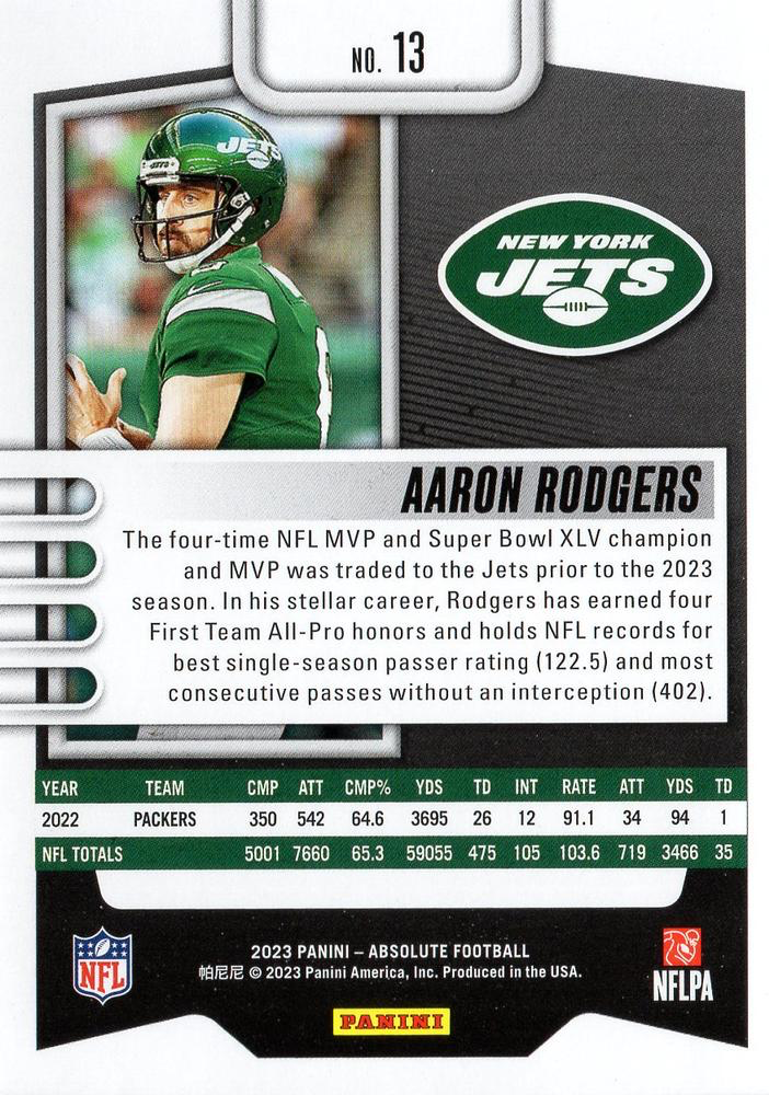 2023 Panini Absolute Aaron Rodgers #13 New York Jets
