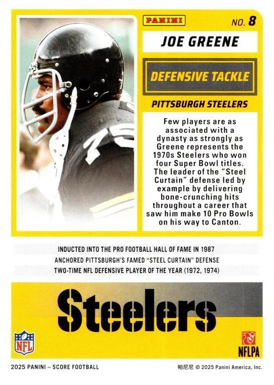 2025 Panini Score Joe Greene #8 Pittsburgh Steelers