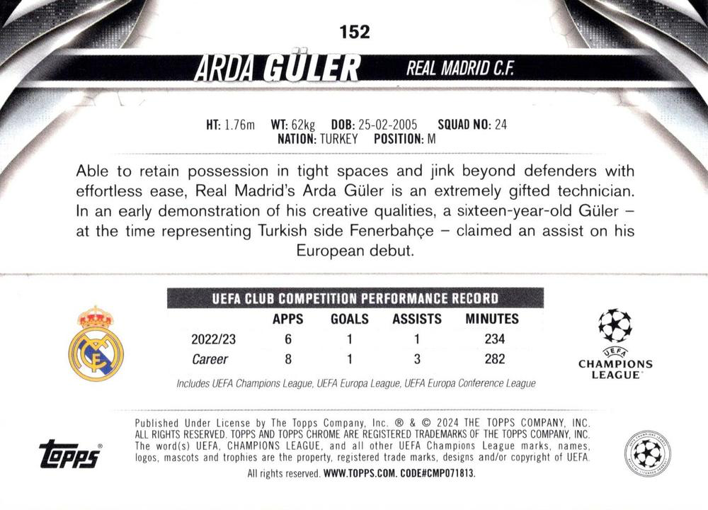 2023 Topps Chrome UEFA Club Competitions Arda Güler ASR #152 Real Madrid CF