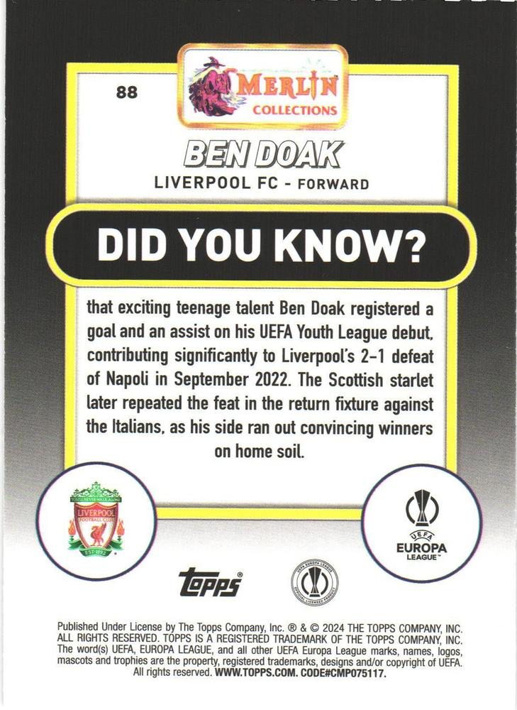 2023 Topps Merlin Chrome UCC Ben Doak RC #88 Liverpool