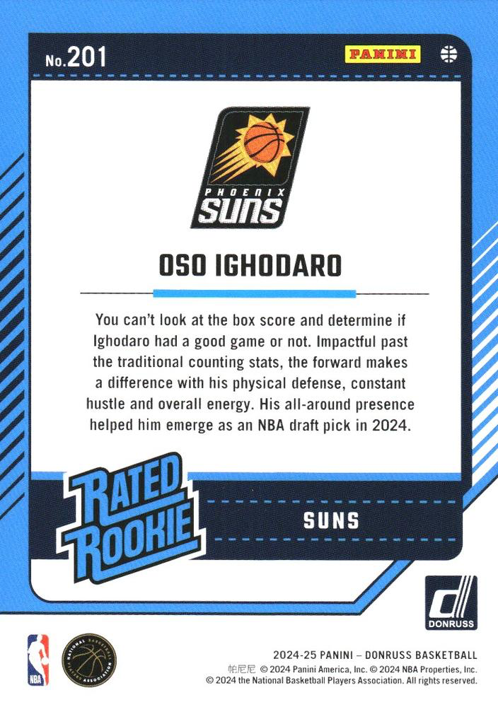 2024 Panini Donruss Oso Ighodaro Rated Rookie #201 Phoenix Suns