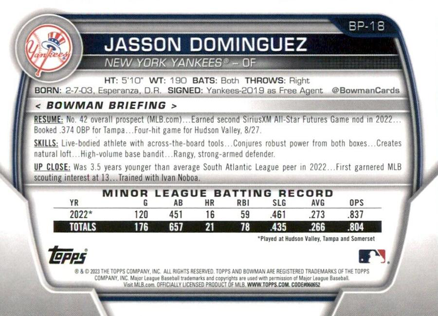 2023 Topps Bowman Paper Prospects Jasson Dominguez New York Yankees #BP-18