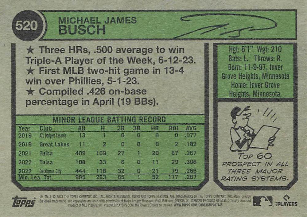 2023 Topps Heritage Michael Busch RC Los Angeles Dodgers #520