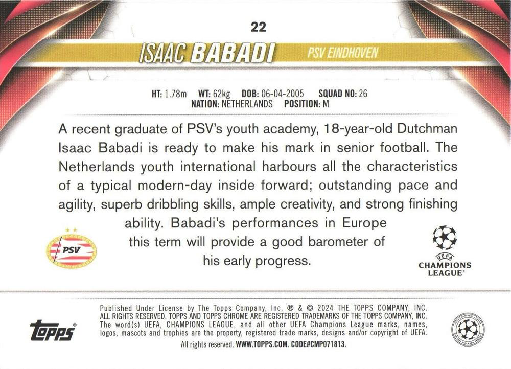 2023 Topps Chrome UEFA Club Competitions Isaac Babadi RC #22 PSV Eindhoven
