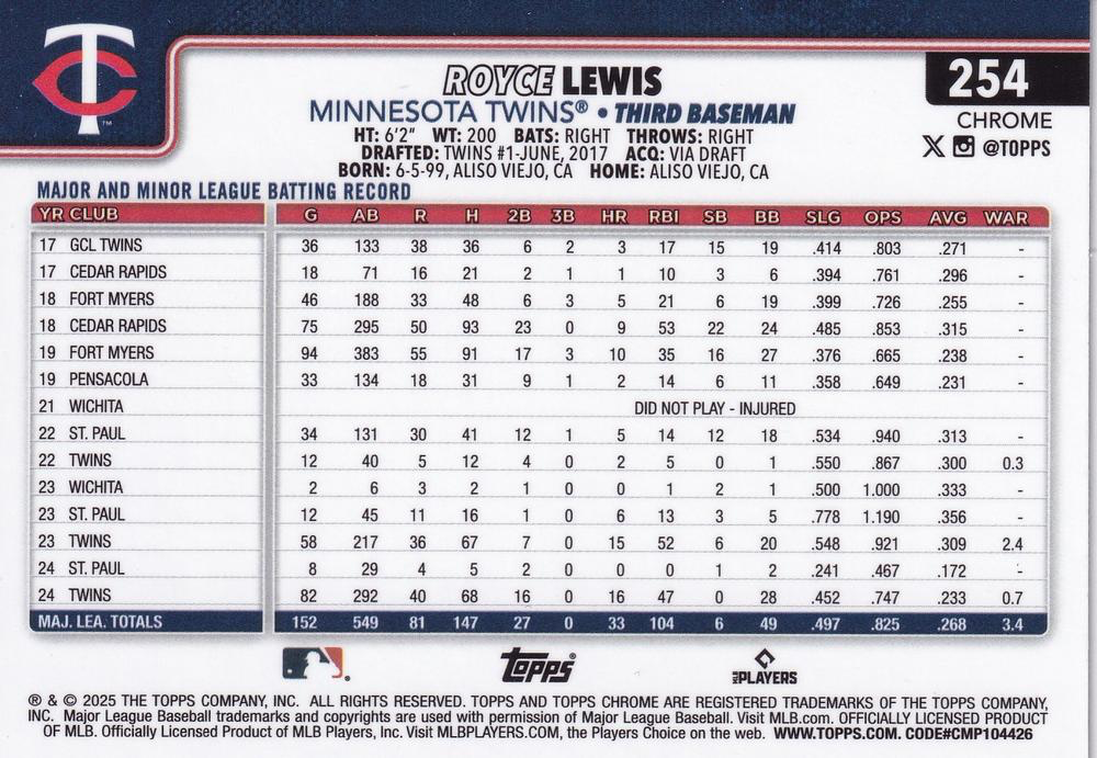 2025 Topps Chrome MLB Royce Lewis #254 Minnesota Twins