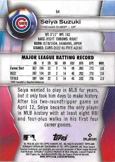 2023 Topps Bowman Platinum Seiya Suzuki Chicago Cubs #54