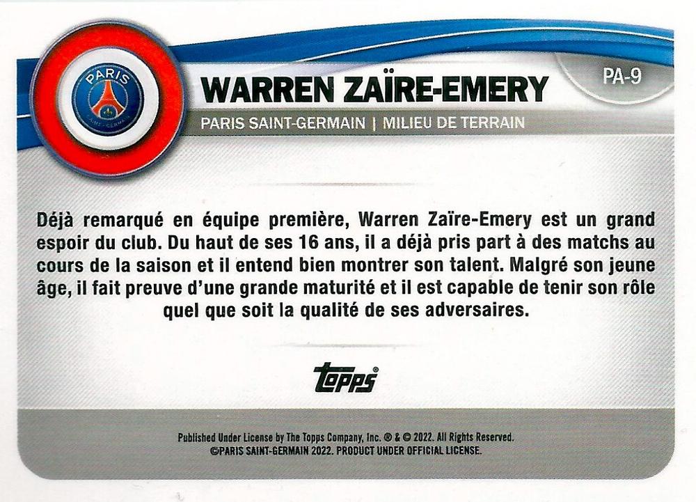 2022 Topps PSG Fan Set RC Warren Zaïre-Emery #PA-9 Paris Saint-Germain