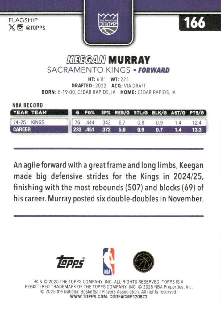 2025 Topps NBA Keegan Murray #166 Sacramento Kings