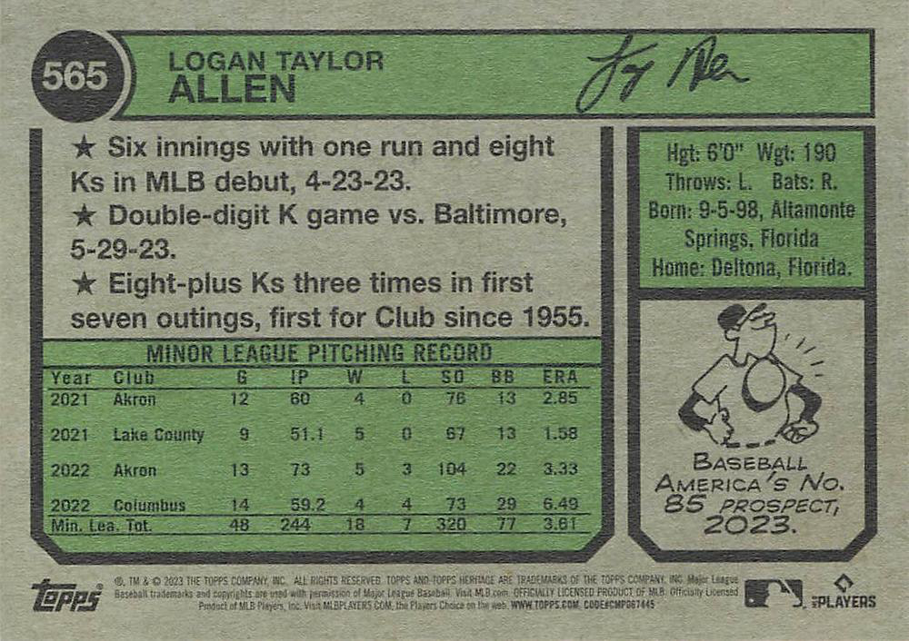 2023 Topps Heritage Logan Allen RC Cleveland Guardians #565