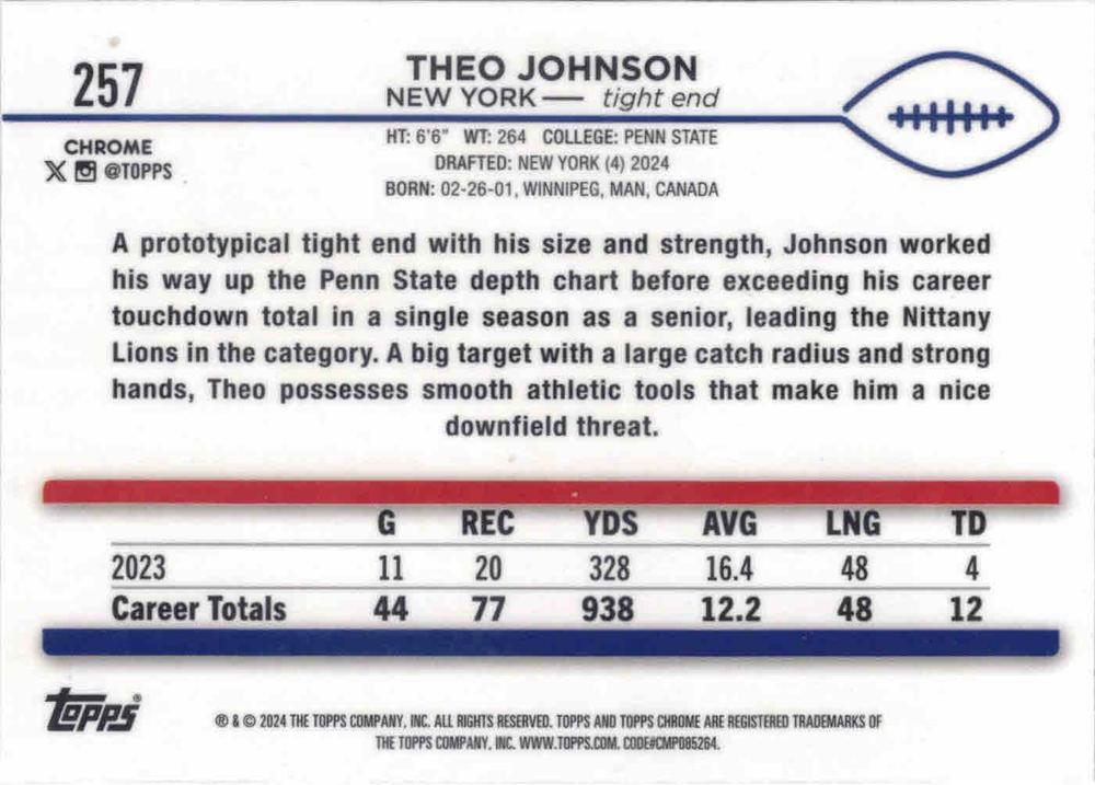 2024 Topps Chrome Football X- Fractor Theo Johnson RC #257 New York Giants