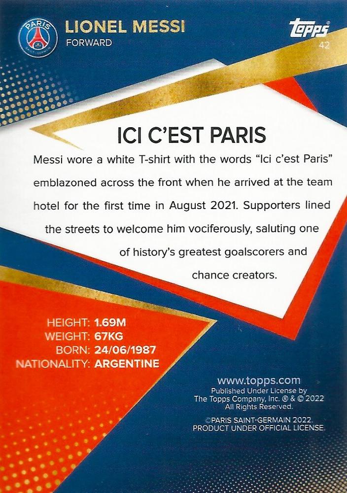 2021 Topps PSG Team Set Lionel Messi #42 Paris Saint-Germain