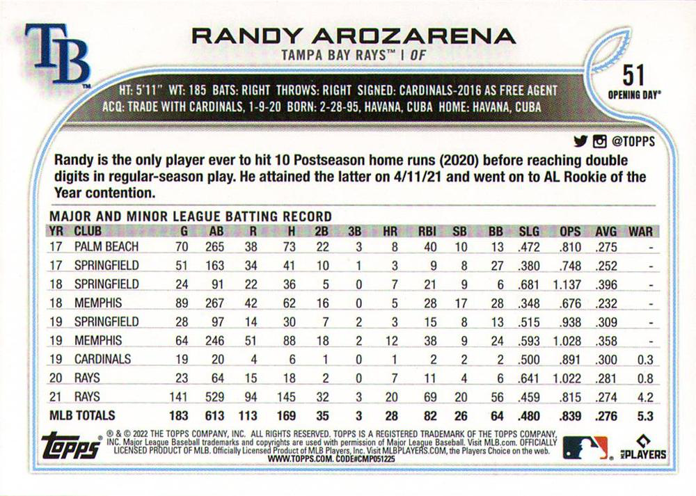 2022 Topps Opening Day Randy Arozarena ASR #51 Tampa Bay Rays