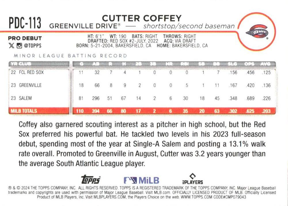 2024 Topps Pro Debut Chrome Refractor Cutter Coffey #PDC-113 Greenville Drive