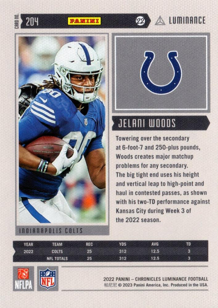 2022 Panini Chronicles Luminance Update Rookies RC Jelani Woods #204 Indianapolis Colts