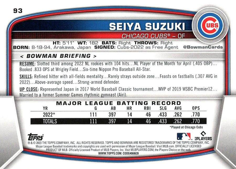 2023 Topps Bowman Seiya Suzuki Chicago Cubs #93