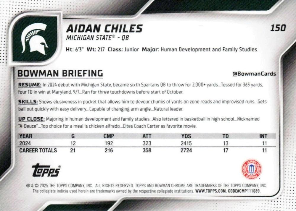 2025 Topps Bowman U Chrome Aidan Chiles #150 Michigan State Spartans