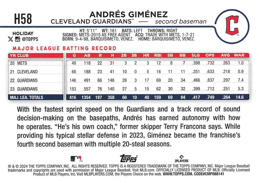 2024 Topps Holiday Andrés Giménez Cleveland Guardians #H58