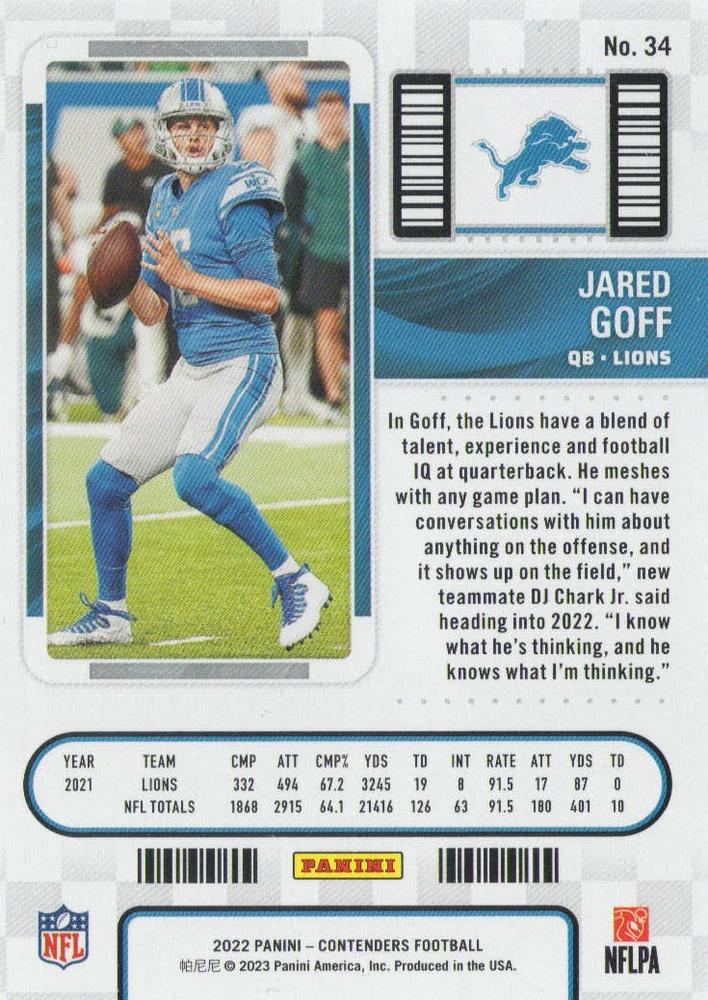 2022 Panini Contenders Jared Goff #34 Detroit Lions