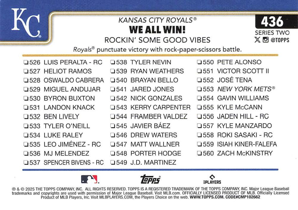 2025 Topps Series 2 Salvador Perez Combo Card/Checklist Kansas City Royals #436