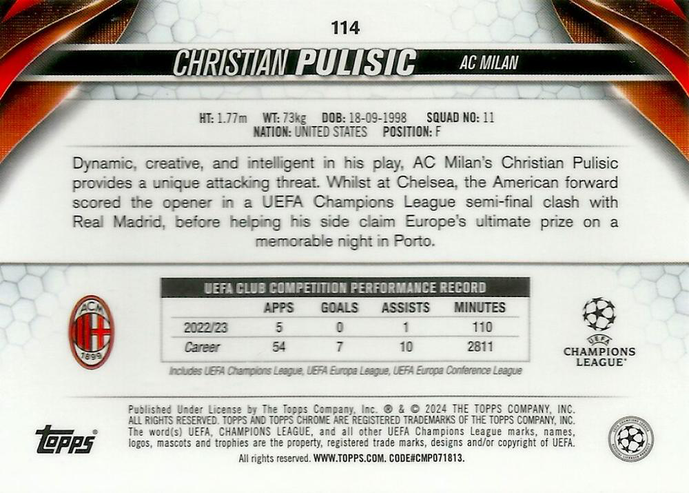 2023 Topps Chrome UEFA Club Competitions Christian Pulisic #114 A.C. Milan