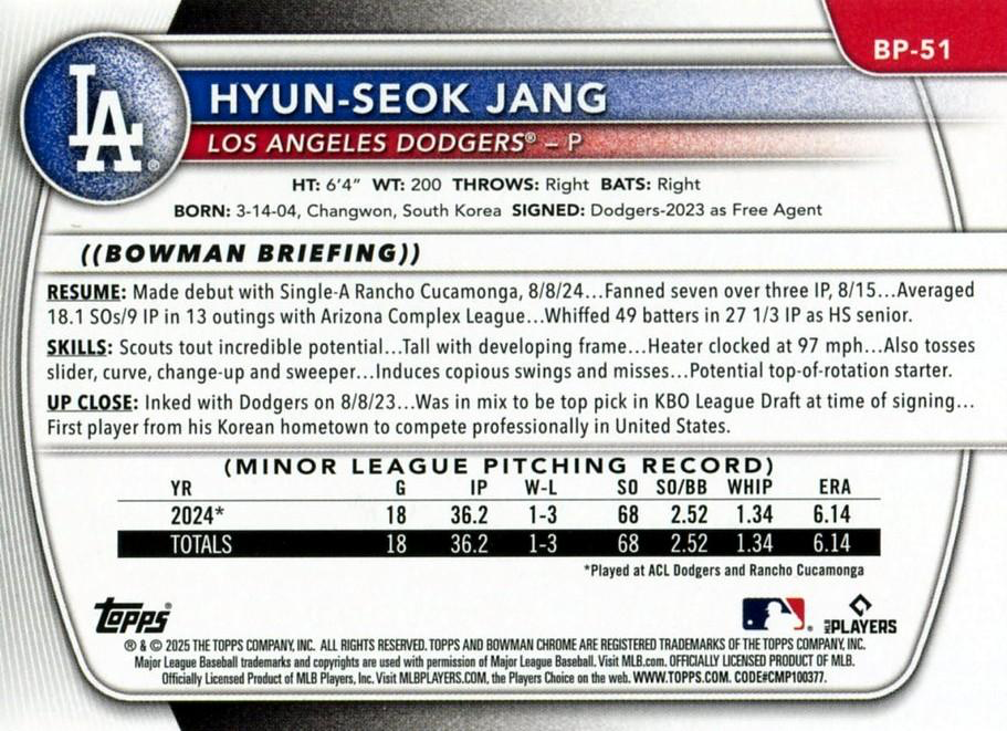 2025 Topps Bowman Paper Prospects Hyun-Seok Jang 1st Los Angeles Dodgers #BP-51