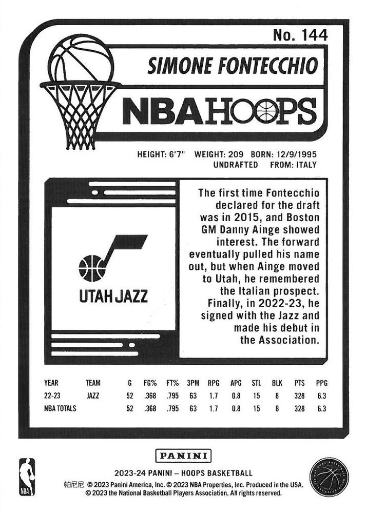2023 Panini Hoops Simone Fontecchio #144 Utah Jazz