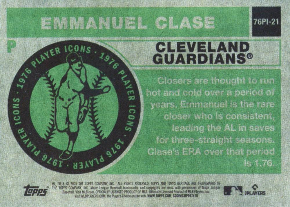 2025 Topps Heritage 1976 Player Icons Holo Emmanuel Clase #76PI-21 Cleveland Guardians