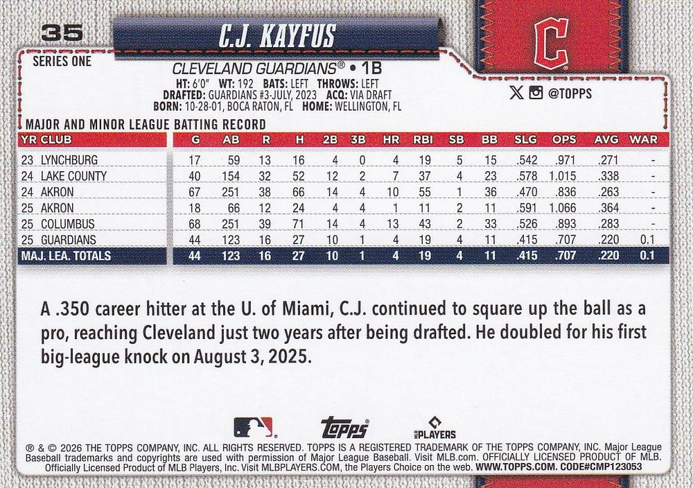 2026 Topps Series 1 C.J. Kayfus RC #35 Cleveland Guardians